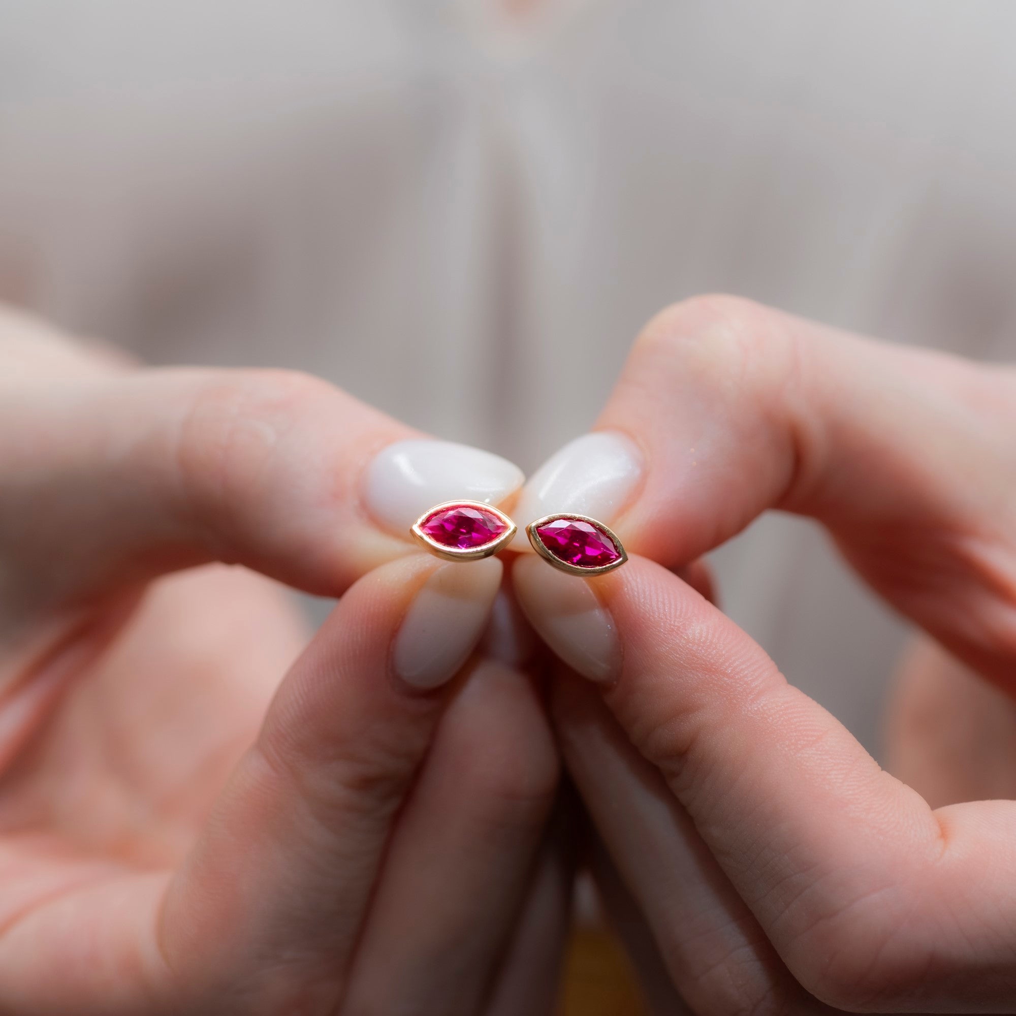 Ruby Stud Earrings Bezel Marquise Cut in 14K Solid Gold, July Birthstone Jewelry Queen Jewelry Earrings