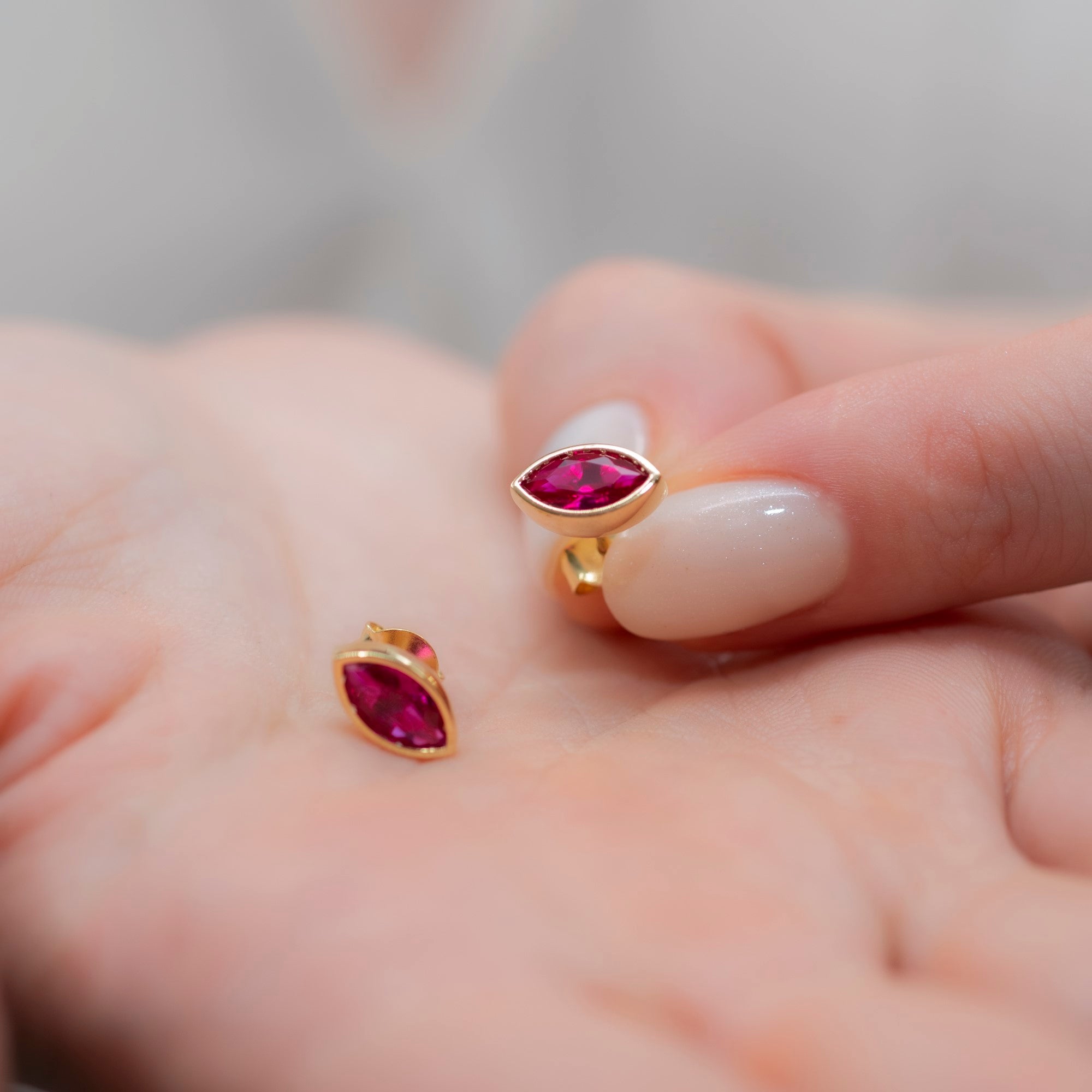 Ruby Stud Earrings Bezel Marquise Cut in 14K Solid Gold, July Birthstone Jewelry Queen Jewelry Earrings