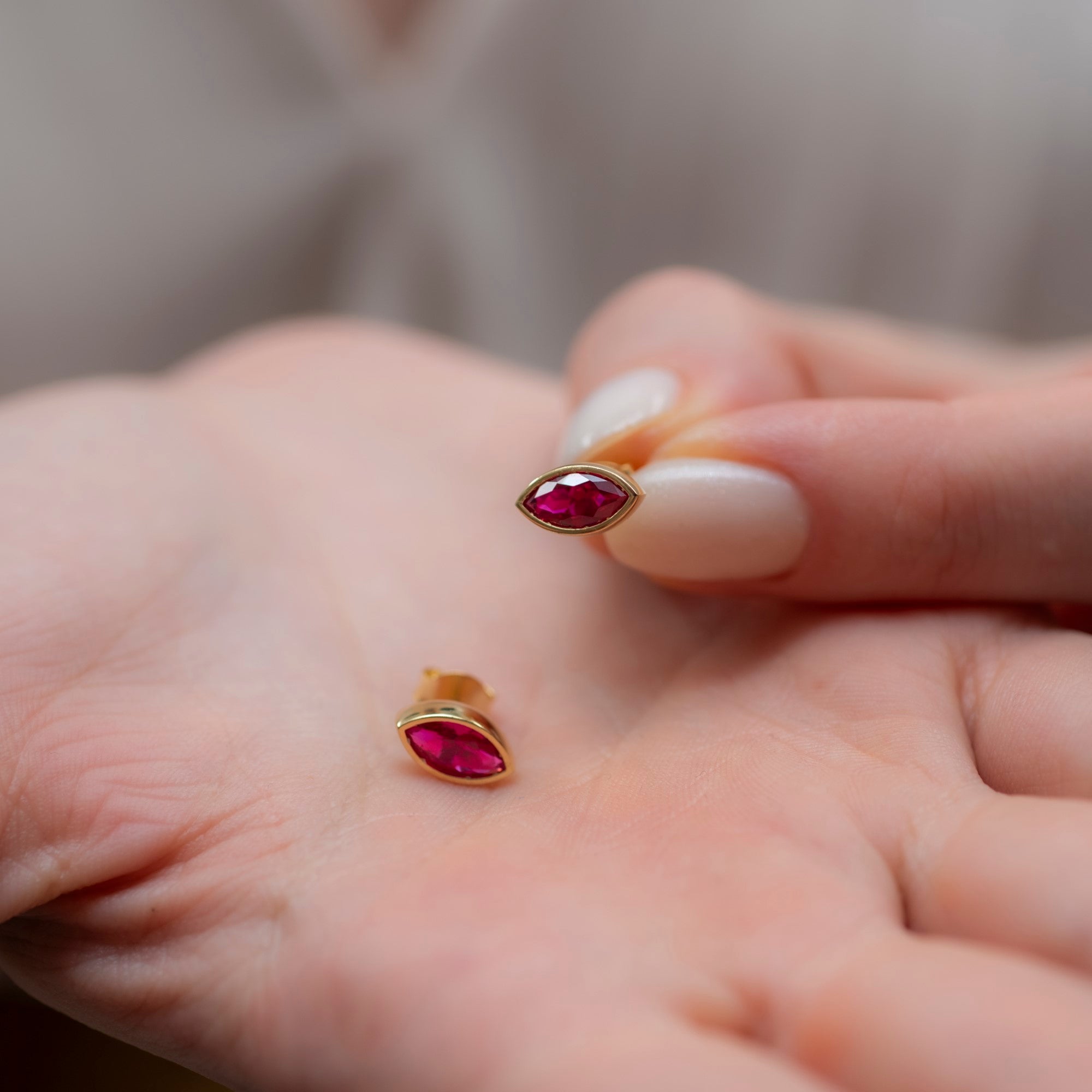Ruby Stud Earrings Bezel Marquise Cut in 14K Solid Gold, July Birthstone Jewelry Queen Jewelry Earrings
