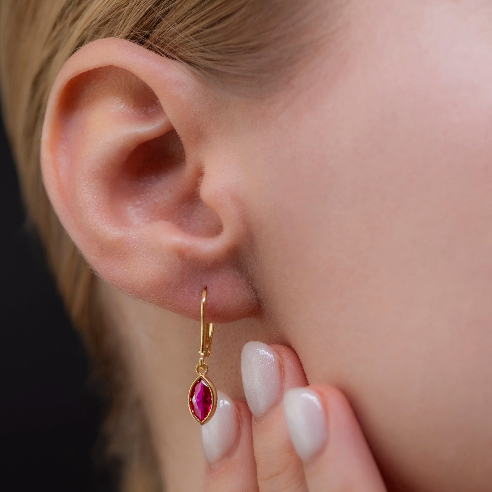 Ruby Dangle Earrings Bezel Marquise Cut in 14K Solid Gold, July Birthstone Jewelry Queen Jewelry Earrings