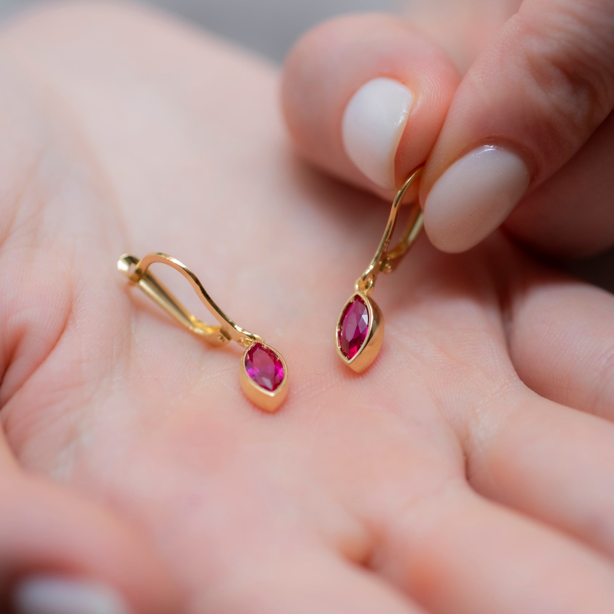 Ruby Dangle Earrings Bezel Marquise Cut in 14K Solid Gold, July Birthstone Jewelry Queen Jewelry Earrings