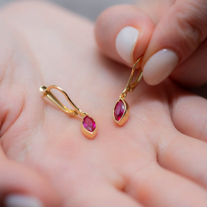 Ruby Dangle Earrings Bezel Marquise Cut in 14K Solid Gold, July Birthstone Jewelry Queen Jewelry Earrings
