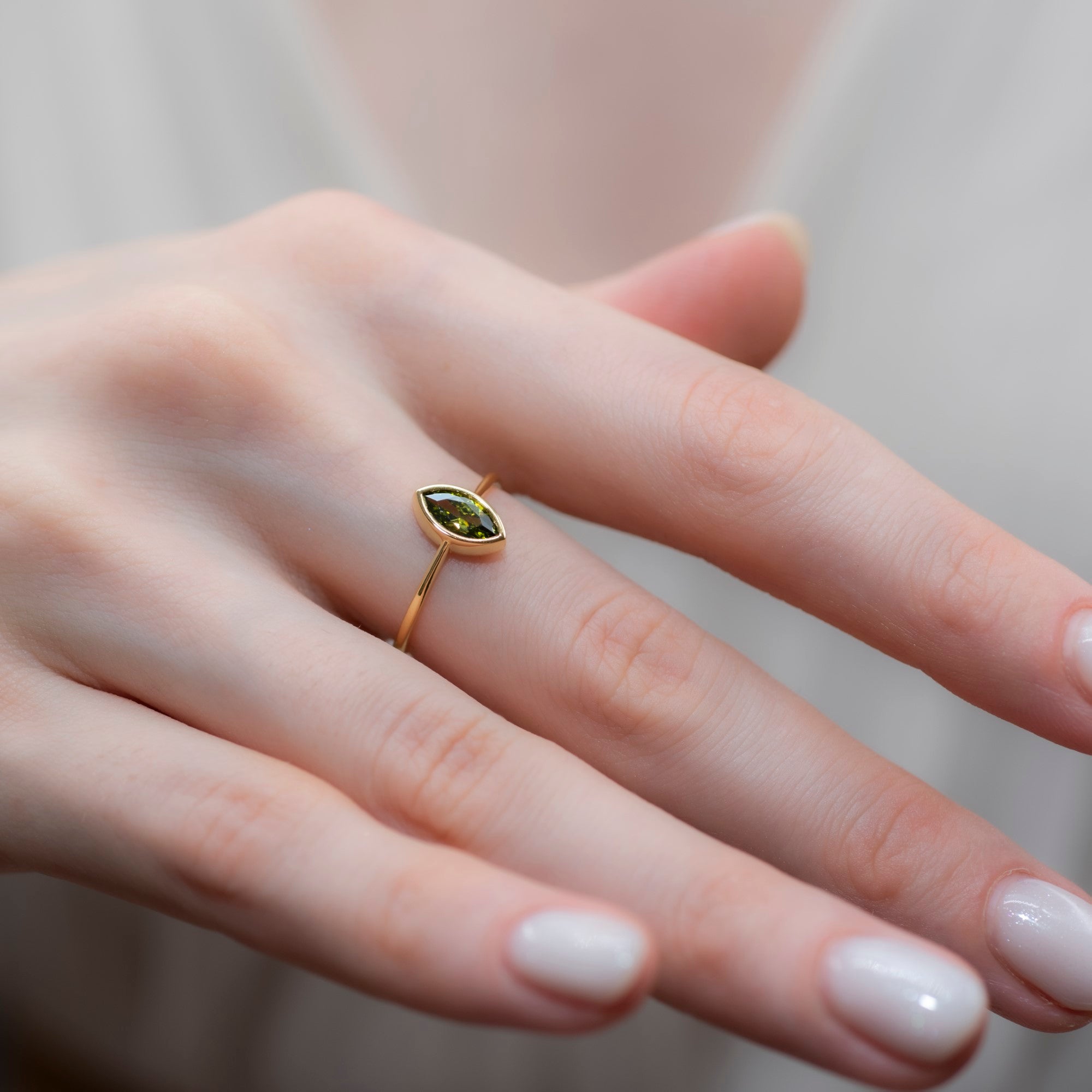 Peridot Ring Bezel Marquise Cut in 14K Solid Gold, August Birthstone Jewelry Queen Jewelry Rings