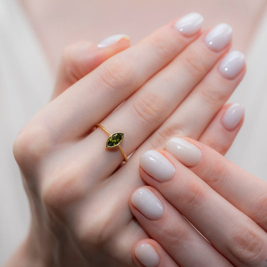 Peridot Ring Bezel Marquise Cut in 14K Solid Gold, August Birthstone Jewelry Queen Jewelry Rings