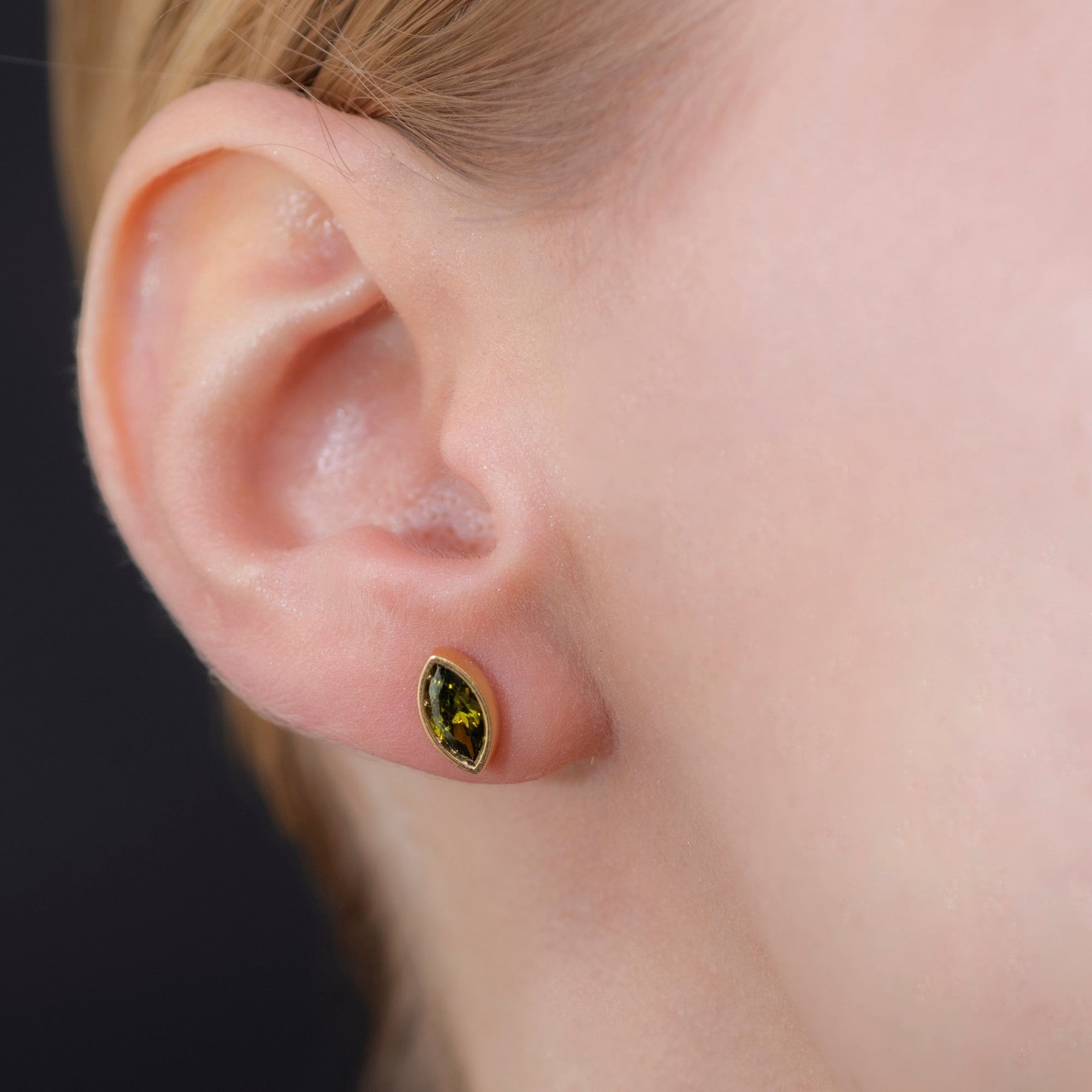 Peridot Stud Earrings Bezel Marquise Cut in 14K Solid Gold, August Birthstone Jewelry Queen Jewelry Earrings