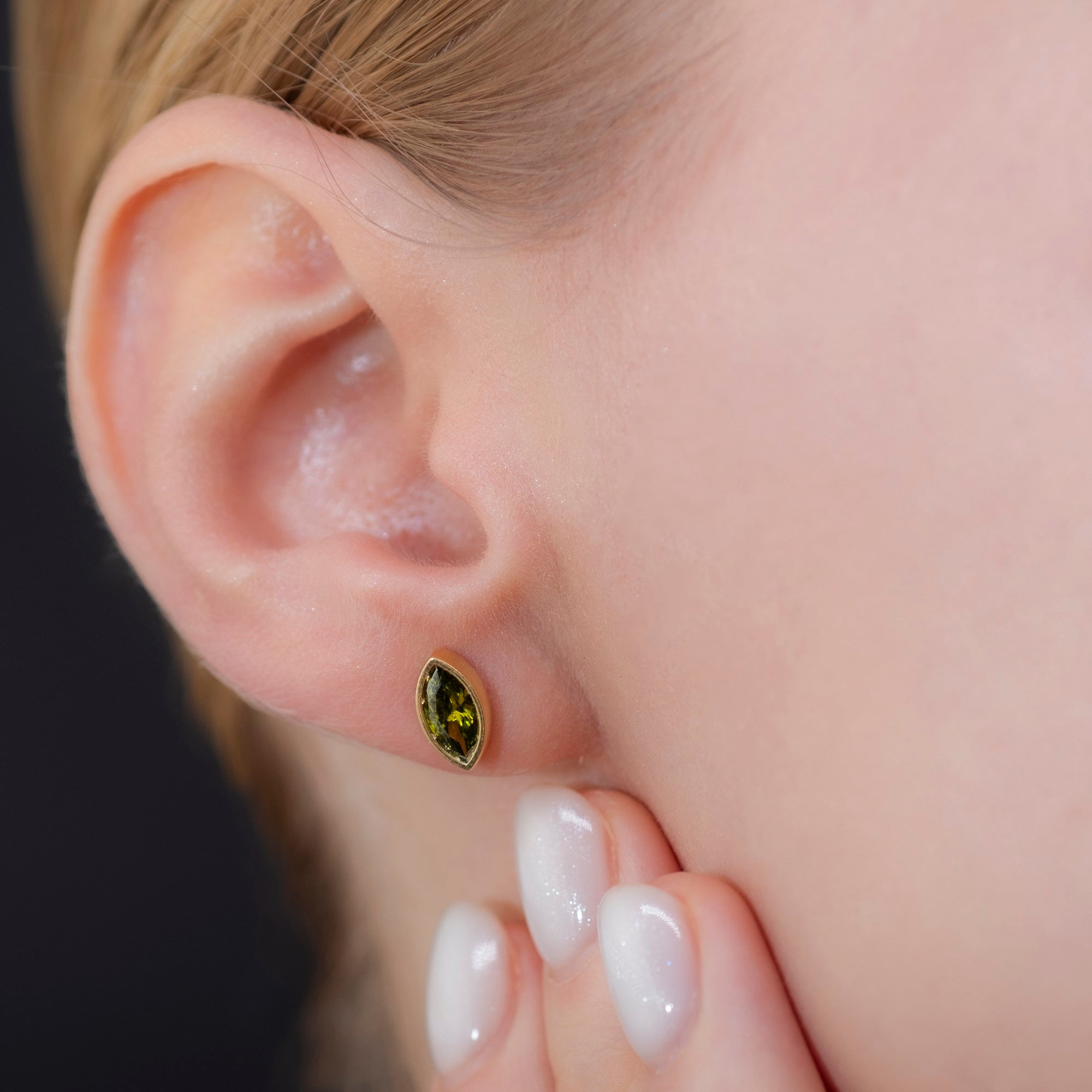 Peridot Stud Earrings Bezel Marquise Cut in 14K Solid Gold, August Birthstone Jewelry Queen Jewelry Earrings