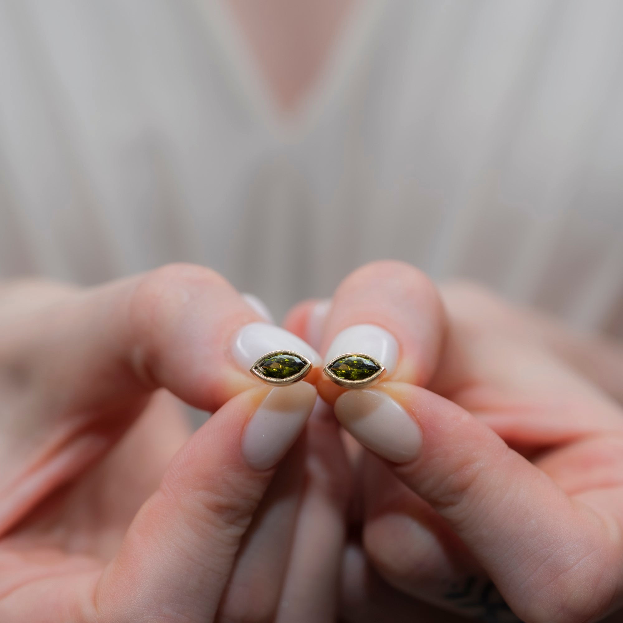 Peridot Stud Earrings Bezel Marquise Cut in 14K Solid Gold, August Birthstone Jewelry Queen Jewelry Earrings