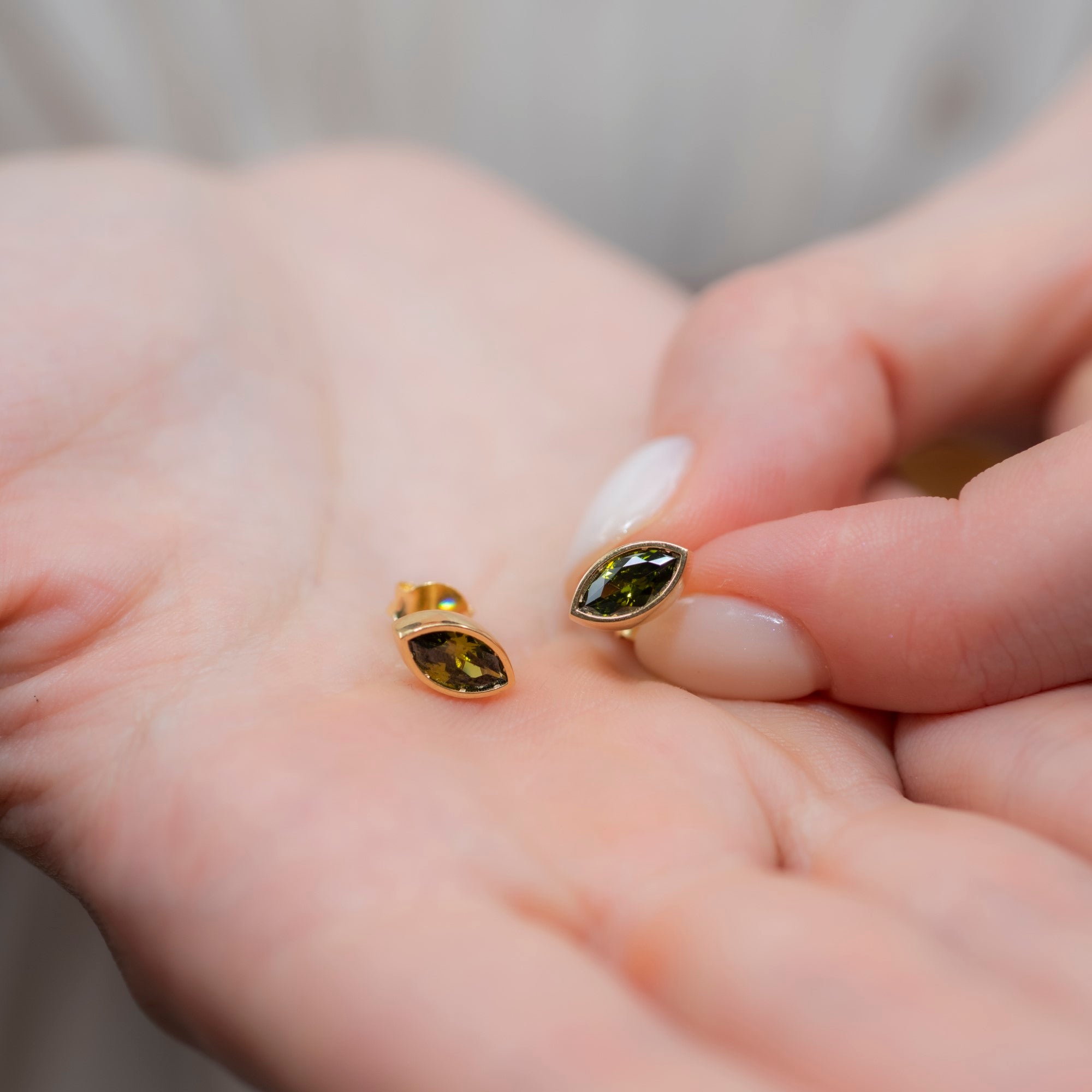 Peridot Stud Earrings Bezel Marquise Cut in 14K Solid Gold, August Birthstone Jewelry Queen Jewelry Earrings
