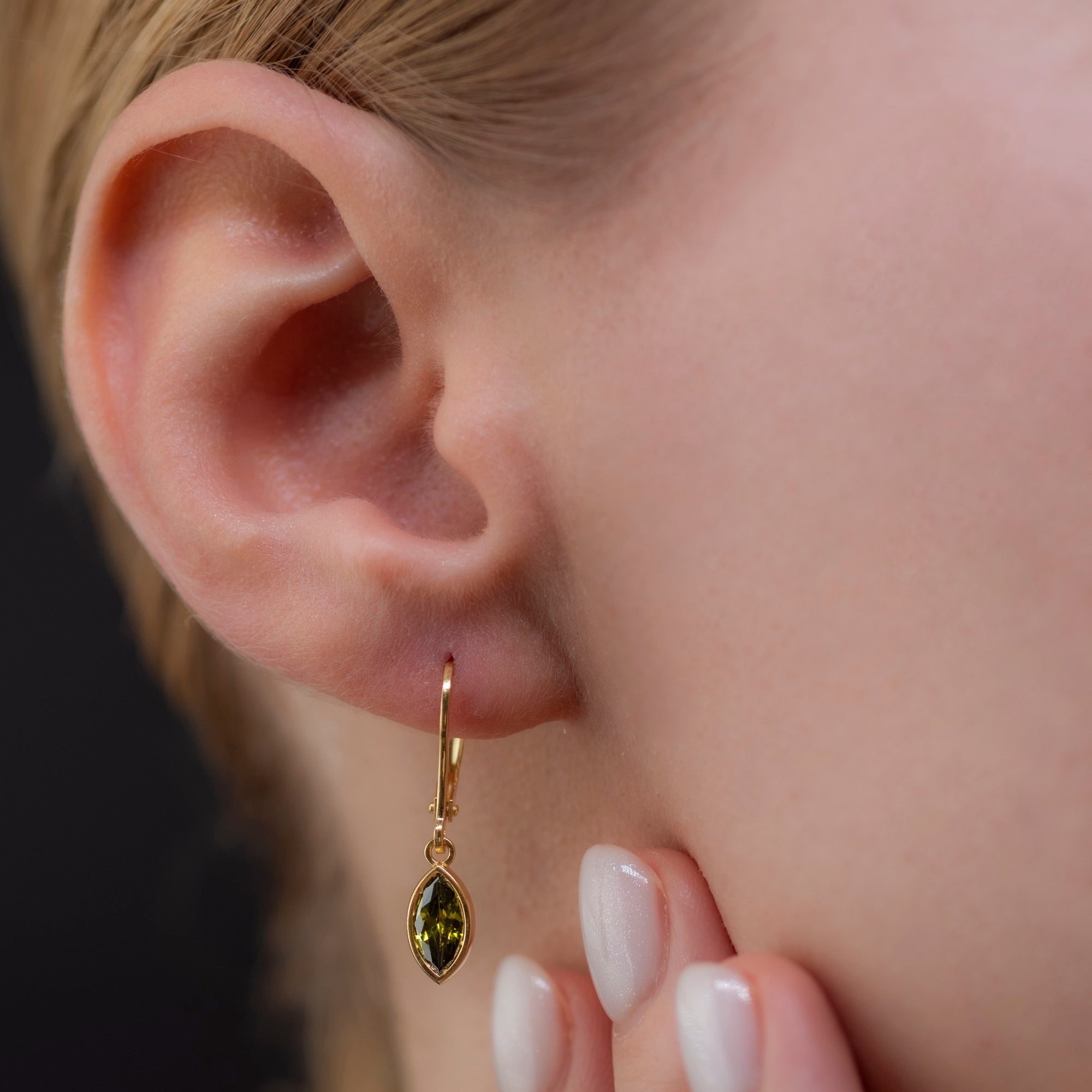 Peridot Dangle Earrings Bezel Marquise Cut in 14K Solid Gold, August Birthstone Dainty Jewelry Queen Jewelry Earrings