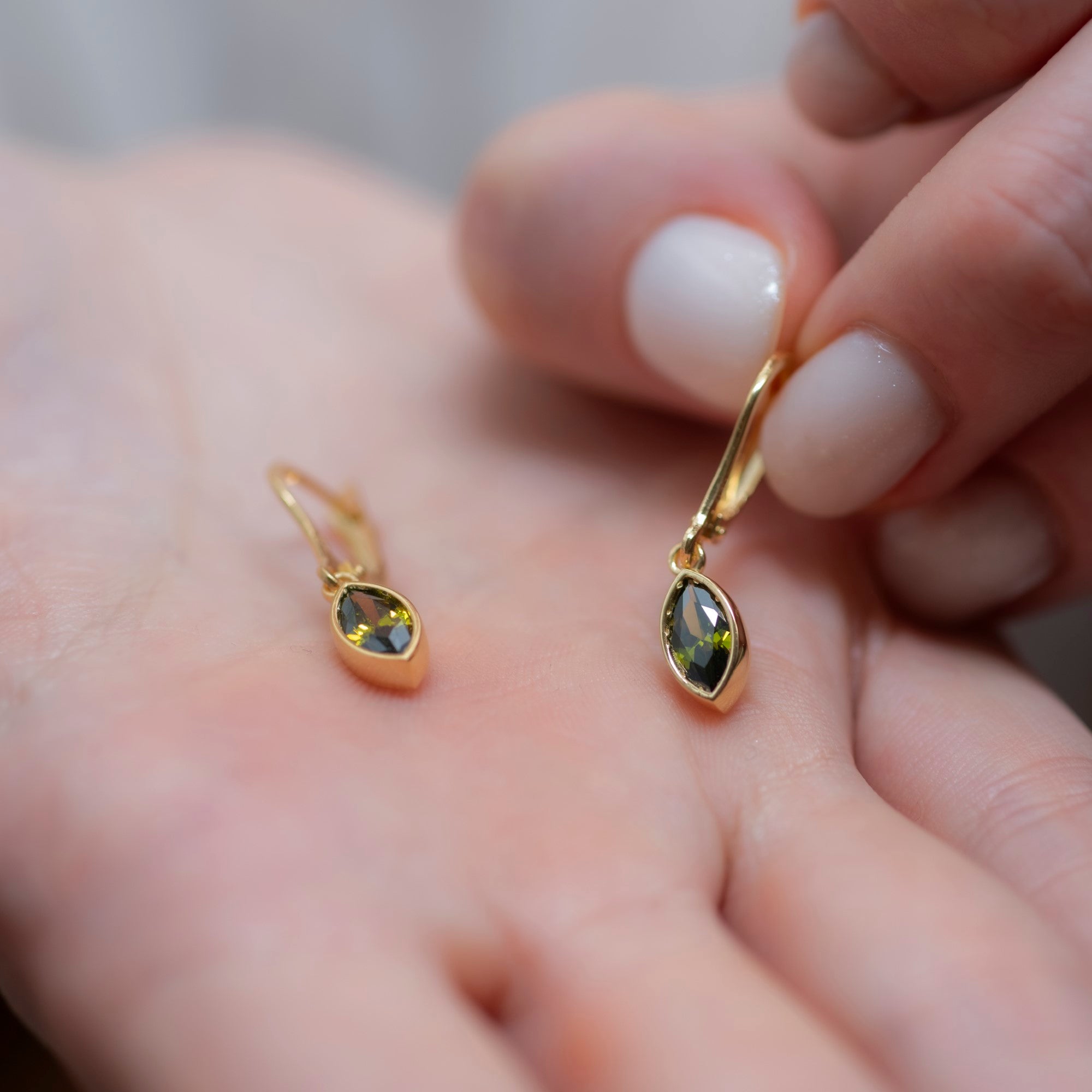 Peridot Dangle Earrings Bezel Marquise Cut in 14K Solid Gold, August Birthstone Dainty Jewelry Queen Jewelry Earrings