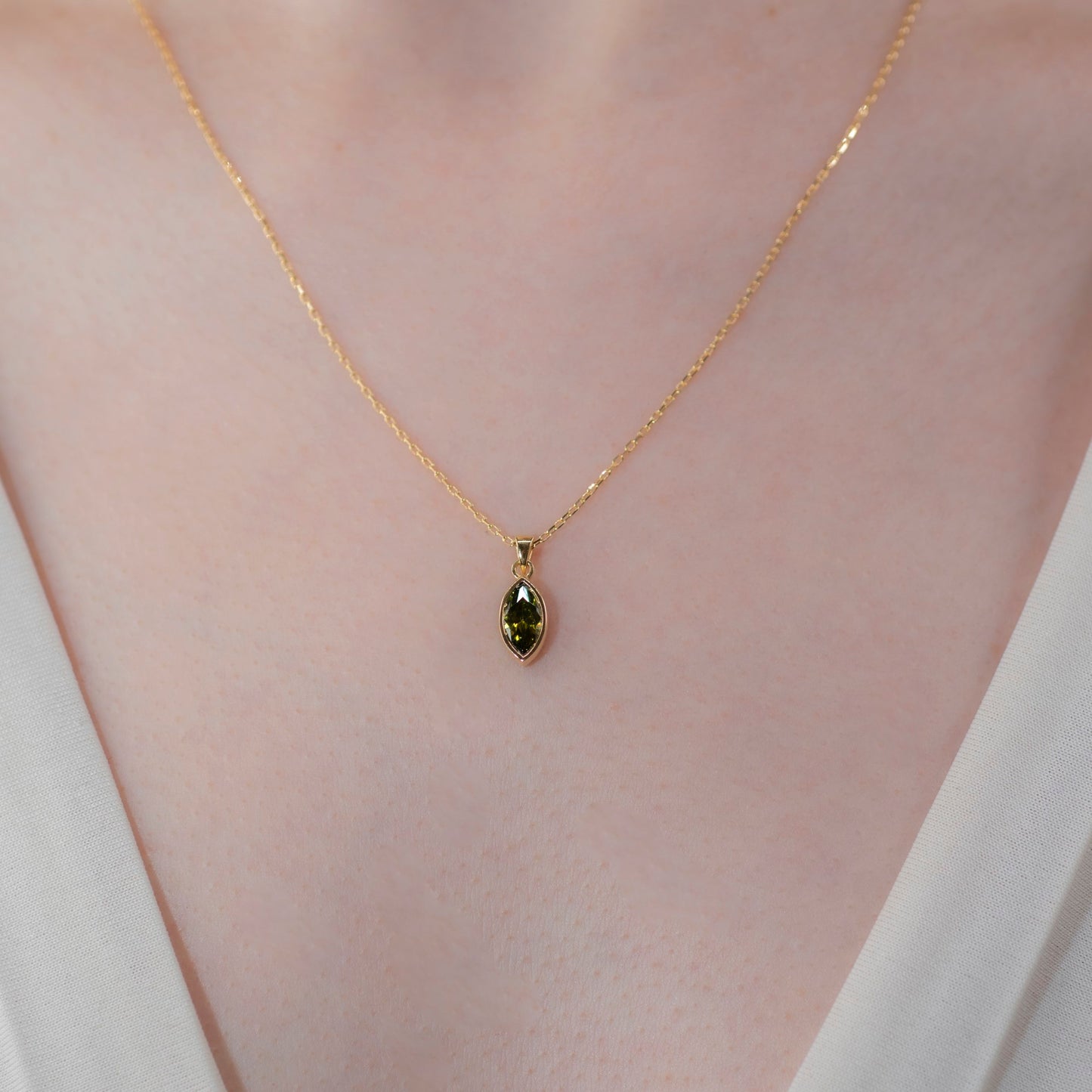 Marquise Cut Peridot Bezel Necklace 14K Solid Gold, August Birthstone Pendant Queen Jewelry Necklace