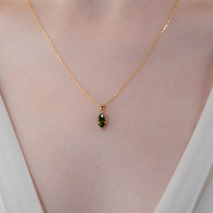 Marquise Cut Peridot Bezel Necklace 14K Solid Gold, August Birthstone Pendant Queen Jewelry Necklace