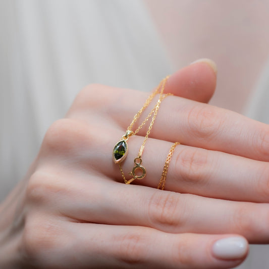 Marquise Cut Peridot Bezel Necklace 14K Solid Gold, August Birthstone Pendant Queen Jewelry Necklace