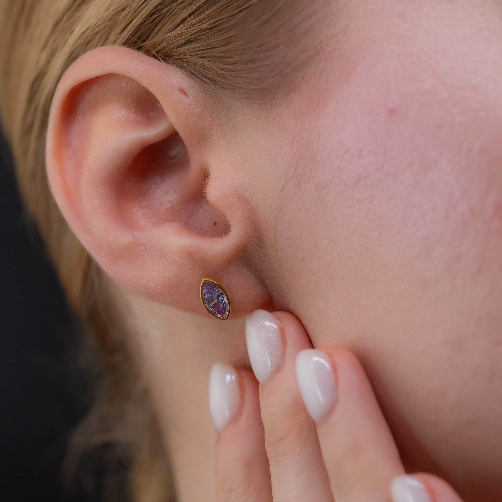 Alexandrite Stud Earrings Bezel Marquise Cut in 14K Solid Gold, June Birthstone Jewelry Queen Jewelry Earrings