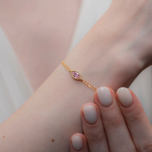 Bezel Marquise Cut Pink Tourmaline Bracelet 10K/14K Solid Gold, October Birthstone Jewelry