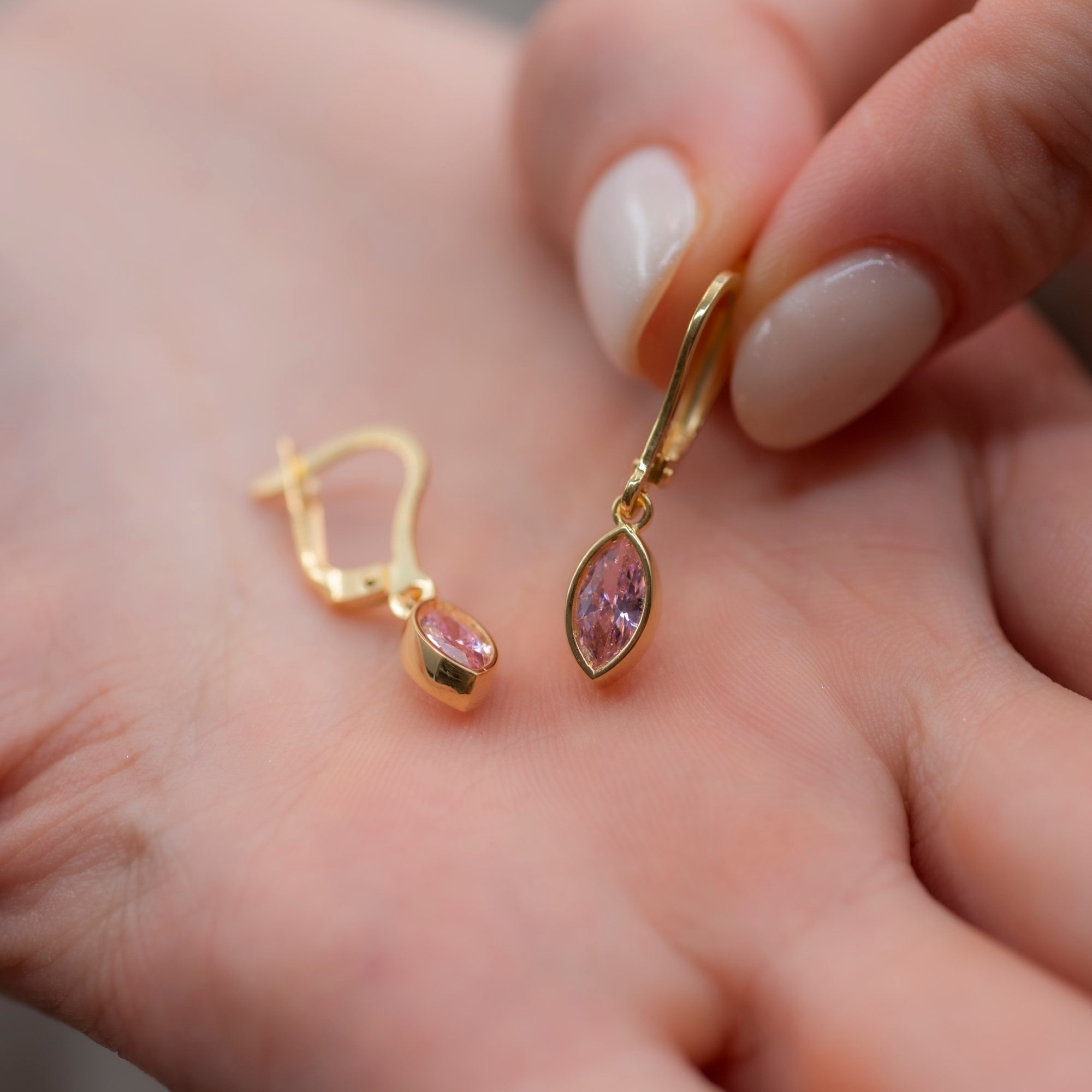 Pink Tourmaline Dangle Earrings Bezel Marquise Cut in 14K Solid Gold, October Birthstone Jewelry Queen Jewelry Earrings