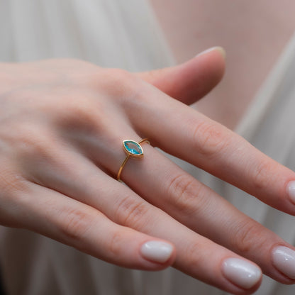 Aquamarine Ring Bezel Marquise Cut in 14K Solid Gold, March Birthstone Jewelry Queen Jewelry Rings
