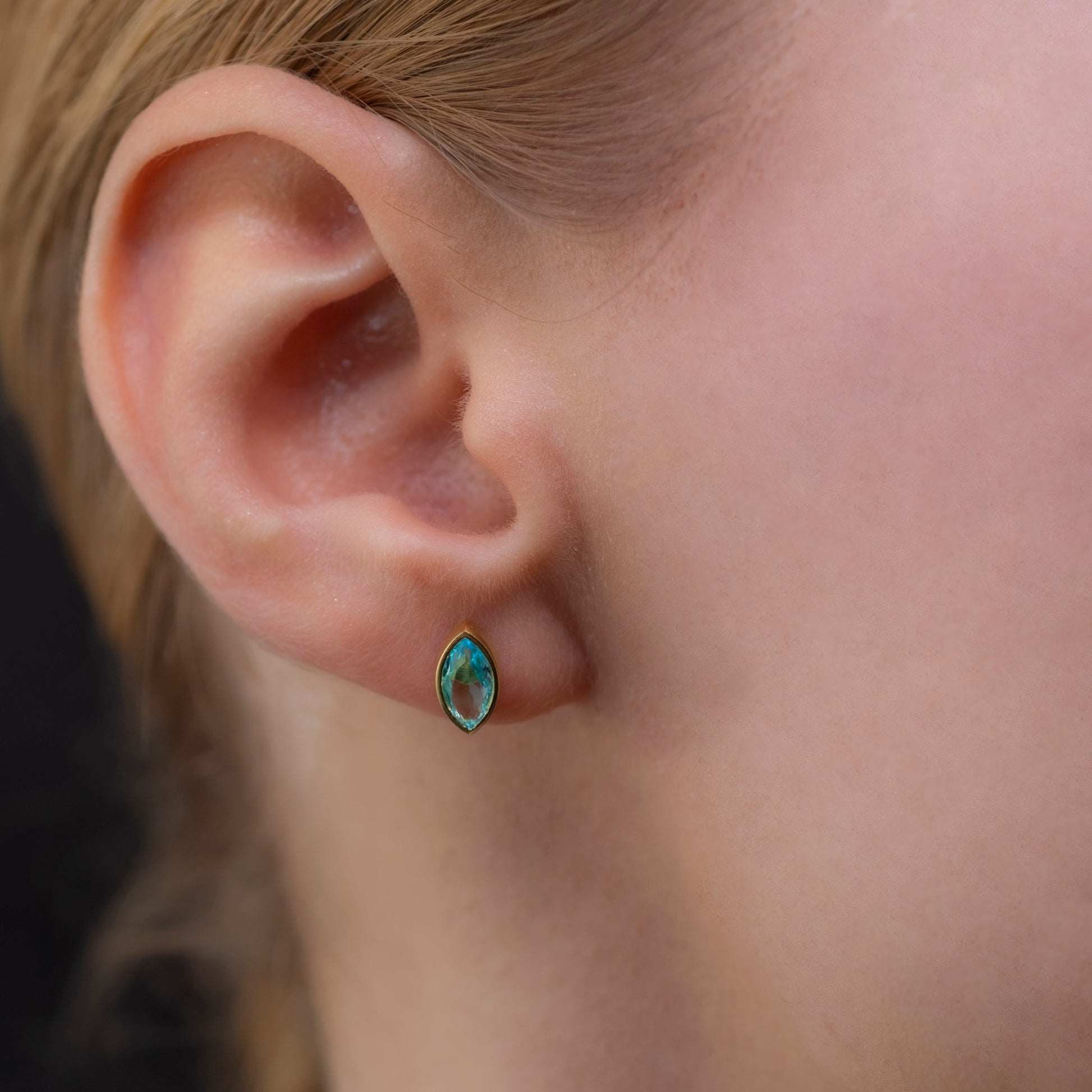 Aquamarine Stud Earrings Bezel Marquise Cut in 14K Solid Gold, March Birthstone Jewelry Queen Jewelry Earrings