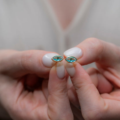 Aquamarine Stud Earrings Bezel Marquise Cut in 14K Solid Gold, March Birthstone Jewelry Queen Jewelry Earrings