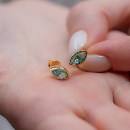 Aquamarine Stud Earrings Bezel Marquise Cut in 14K Solid Gold, March Birthstone Jewelry Queen Jewelry Earrings