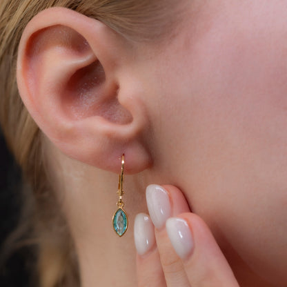 Aquamarine Dangle Earrings Bezel Marquise Cut in 14K Solid Gold, March Birthstone Jewelry Queen Jewelry Earrings