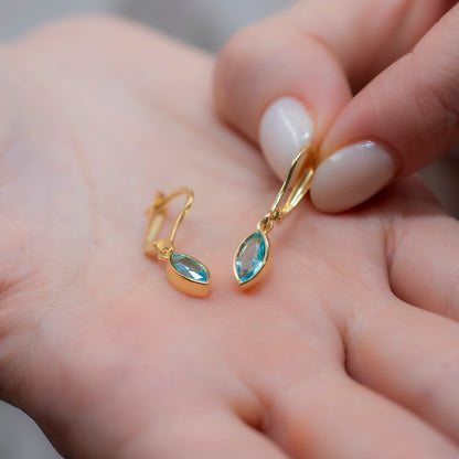 Aquamarine Dangle Earrings Bezel Marquise Cut in 14K Solid Gold, March Birthstone Jewelry Queen Jewelry Earrings
