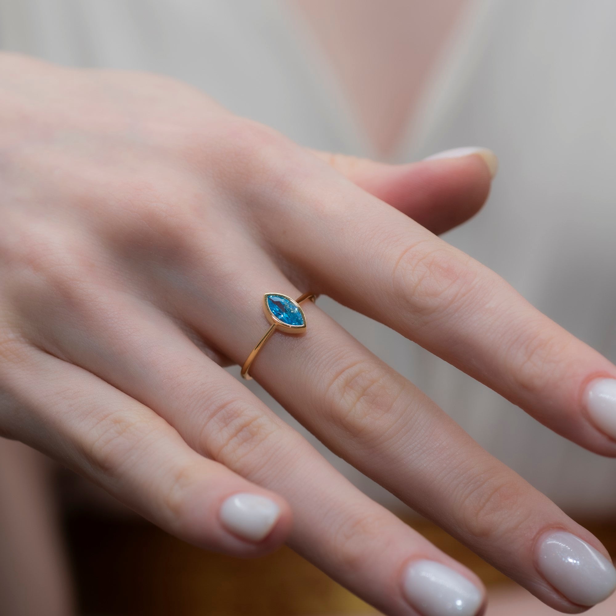 Blue Topaz Ring Bezel Marquise Cut in 14K Solid Gold, December Birthstone Jewelry Queen Jewelry Rings