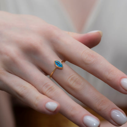 Blue Topaz Ring Bezel Marquise Cut in 14K Solid Gold, December Birthstone Jewelry Queen Jewelry Rings