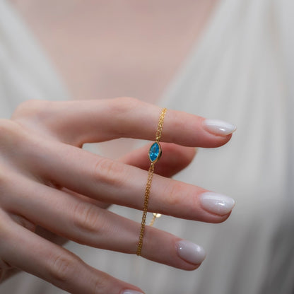 Bezel Marquise Cut Blue Topaz Bracelet 14K Solid Gold, December Birthstone Jewelry Queen Jewelry Bracelet