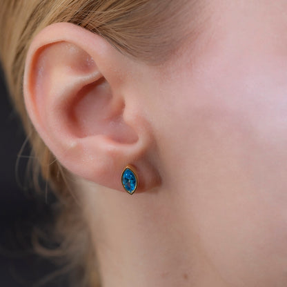 Blue Topaz Stud Earrings Bezel Marquise Cut in 14K Solid Gold, December Birthstone Jewelry Queen Jewelry Earrings