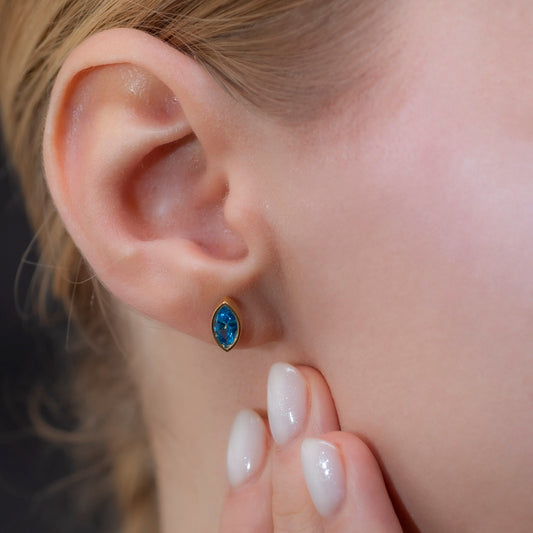 Blue Topaz Stud Earrings Bezel Marquise Cut in 14K Solid Gold, December Birthstone Jewelry Queen Jewelry Earrings