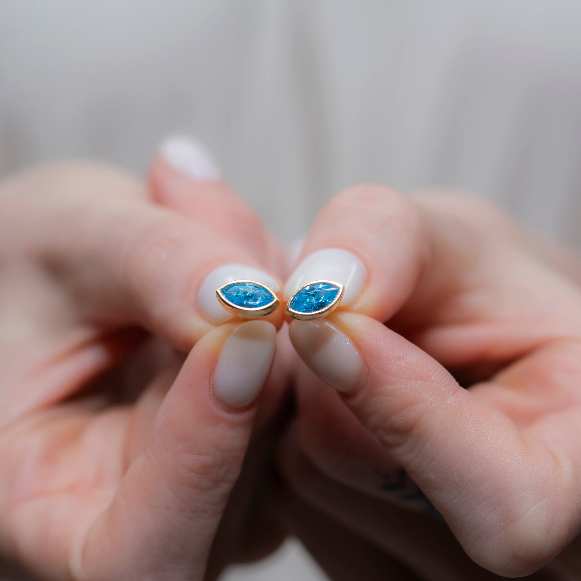 Blue Topaz Stud Earrings Bezel Marquise Cut in 14K Solid Gold, December Birthstone Jewelry Queen Jewelry Earrings