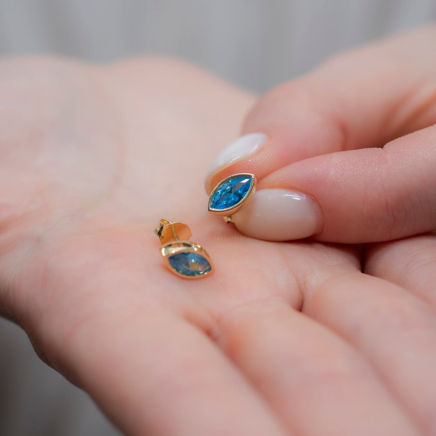 Blue Topaz Stud Earrings Bezel Marquise Cut in 14K Solid Gold, December Birthstone Jewelry Queen Jewelry Earrings