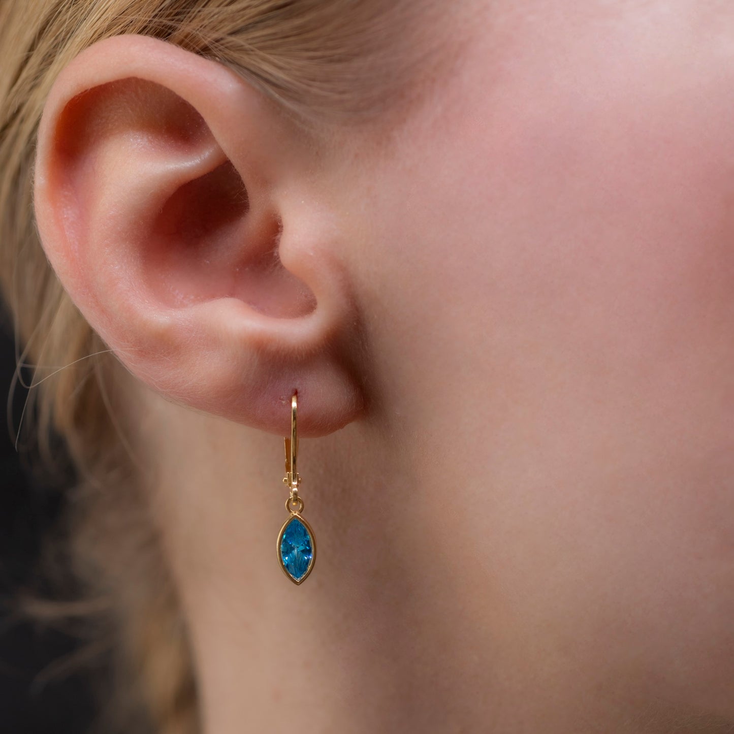 Blue Topaz Dangle Earrings Bezel Marquise Cut in 14K Solid Gold, December Birthstone Jewelry Queen Jewelry Earrings