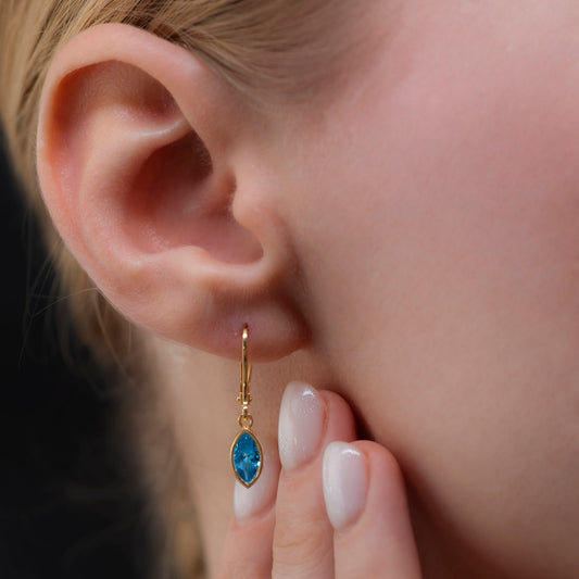 Blue Topaz Dangle Earrings Bezel Marquise Cut in 14K Solid Gold, December Birthstone Jewelry Queen Jewelry Earrings