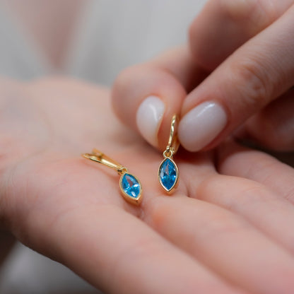 Blue Topaz Dangle Earrings Bezel Marquise Cut in 14K Solid Gold, December Birthstone Jewelry Queen Jewelry Earrings