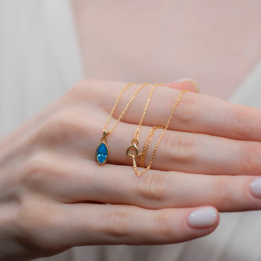 Marquise Cut Blue Topaz Bezel Necklace 14K Solid Gold, December Birthstone Pendant Queen Jewelry Necklace