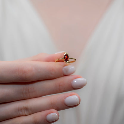 Garnet Ring Bezel Marquise Cut in 14K Solid Gold, January Birthstone Jewelry Queen Jewelry Rings