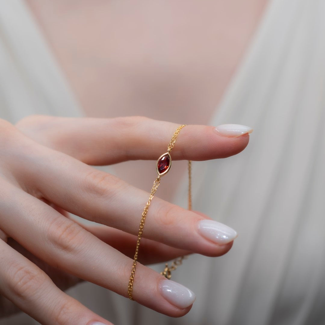 Bezel Marquise Cut Garnet Bracelet 14K Solid Gold, January Birthstone Jewelry Queen Jewelry Bracelet