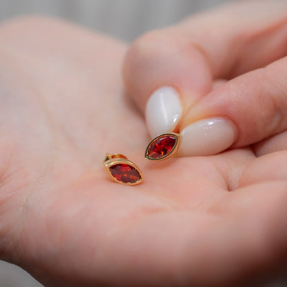 Garnet Stud Earrings Bezel Marquise Cut in 14K Solid Gold, January Birthstone Jewelry Queen Jewelry Earrings