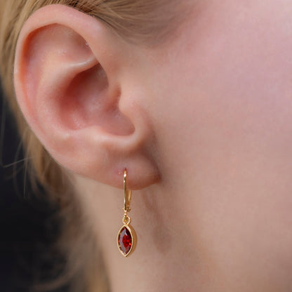 Garnet Dangle Earrings Bezel Marquise Cut in 14K Solid Gold, January Birthstone Dainty Jewelry Queen Jewelry Earrings