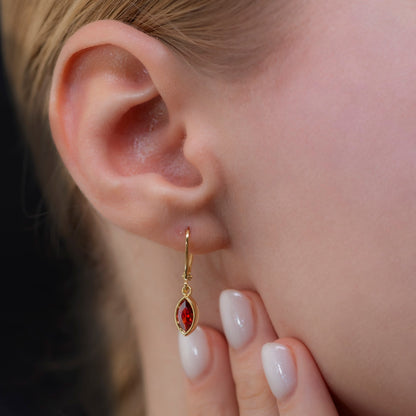 Garnet Dangle Earrings Bezel Marquise Cut in 14K Solid Gold, January Birthstone Dainty Jewelry Queen Jewelry Earrings