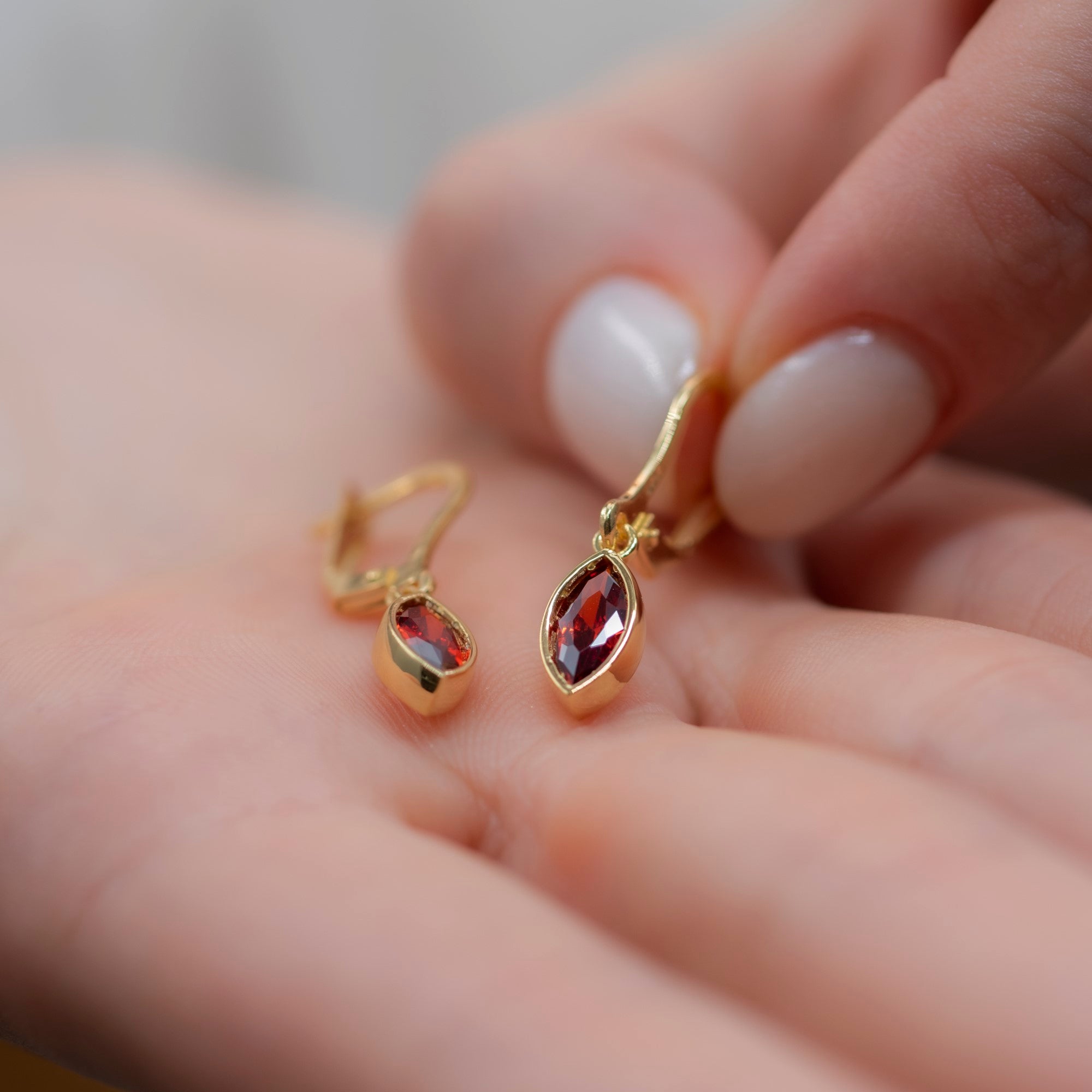 Garnet Dangle Earrings Bezel Marquise Cut in 14K Solid Gold, January Birthstone Dainty Jewelry Queen Jewelry Earrings