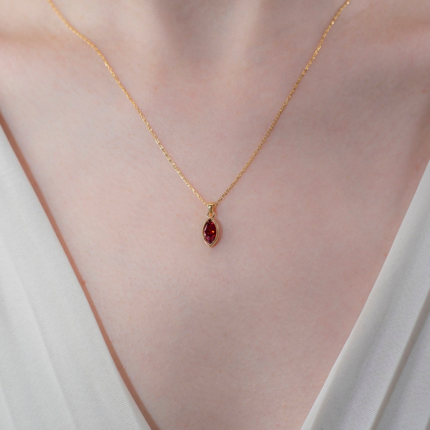 Marquise Cut Garnet Bezel Necklace 14K Solid Gold, January Birthstone Pendant Queen Jewelry Necklace