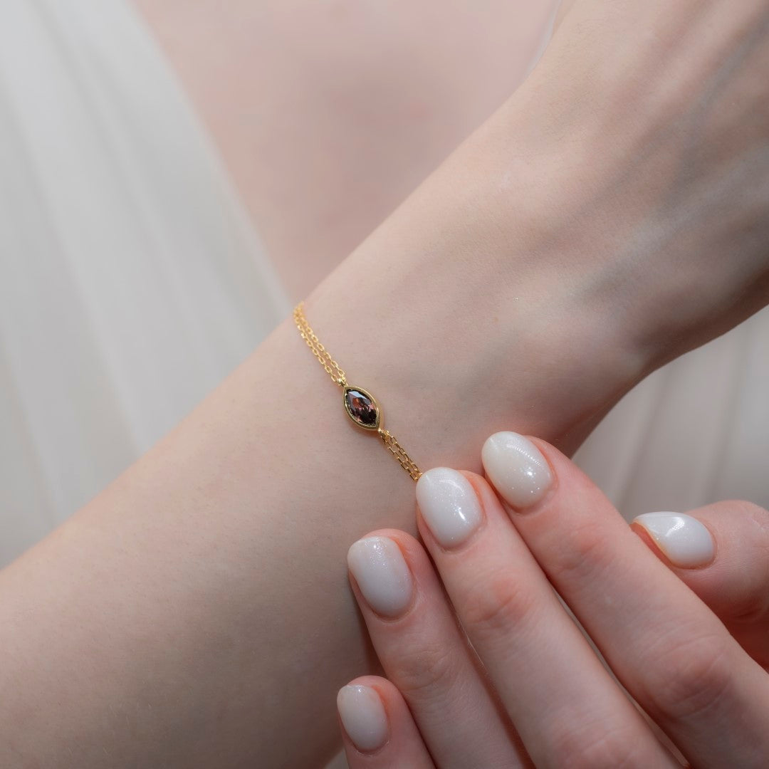 Bezel Marquise Cut Smoky Quartz Bracelet 14K Solid Gold Queen Jewelry Bracelet