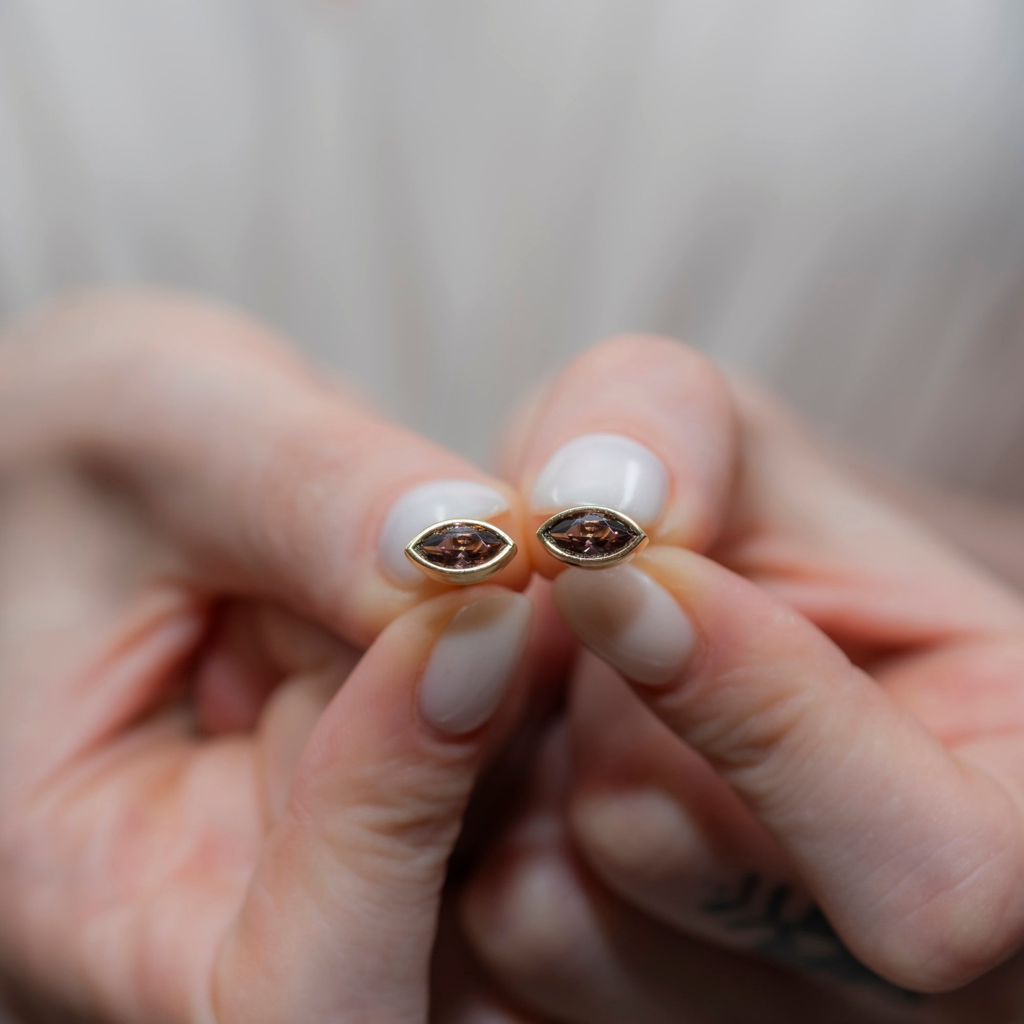 Smoky Quartz Stud Earrings Bezel Marquise Cut in 14K Solid Gold, Birthstone Jewelry Queen Jewelry Earrings