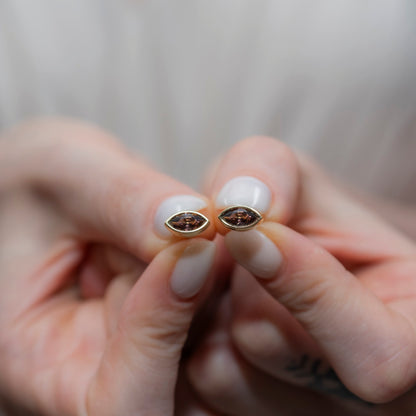 Smoky Quartz Stud Earrings Bezel Marquise Cut in 14K Solid Gold, Birthstone Jewelry Queen Jewelry Earrings