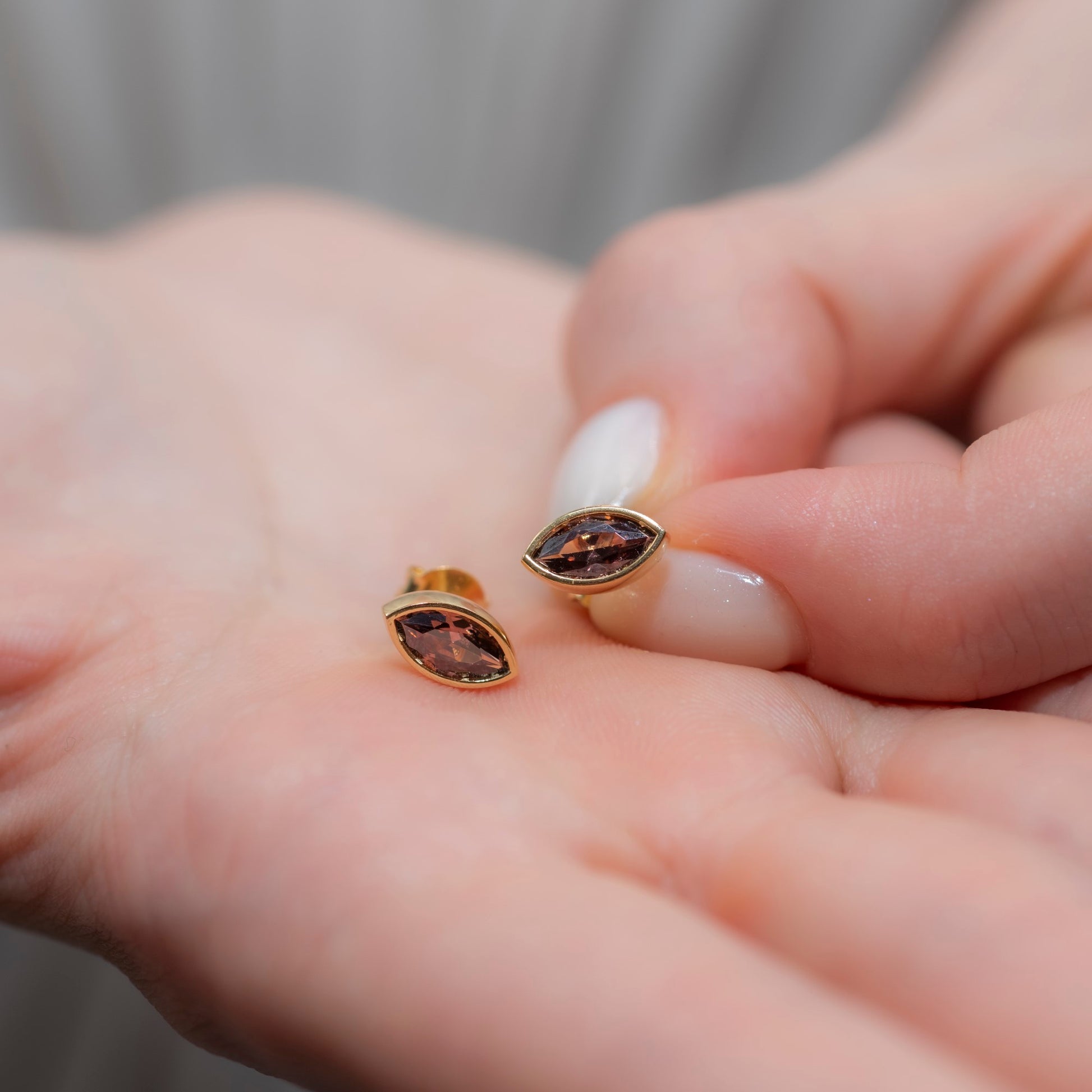 Smoky Quartz Stud Earrings Bezel Marquise Cut in 14K Solid Gold, Birthstone Jewelry Queen Jewelry Earrings