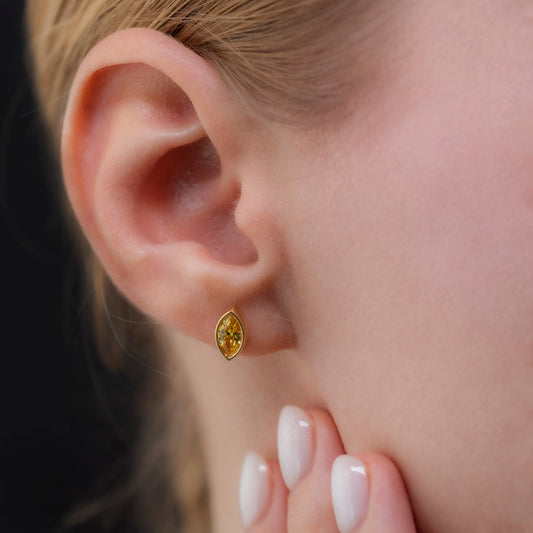 Yellow Topaz Stud Earrings Bezel Marquise Cut in 14K Solid Gold, Birthstone Jewelry Queen Jewelry Earrings