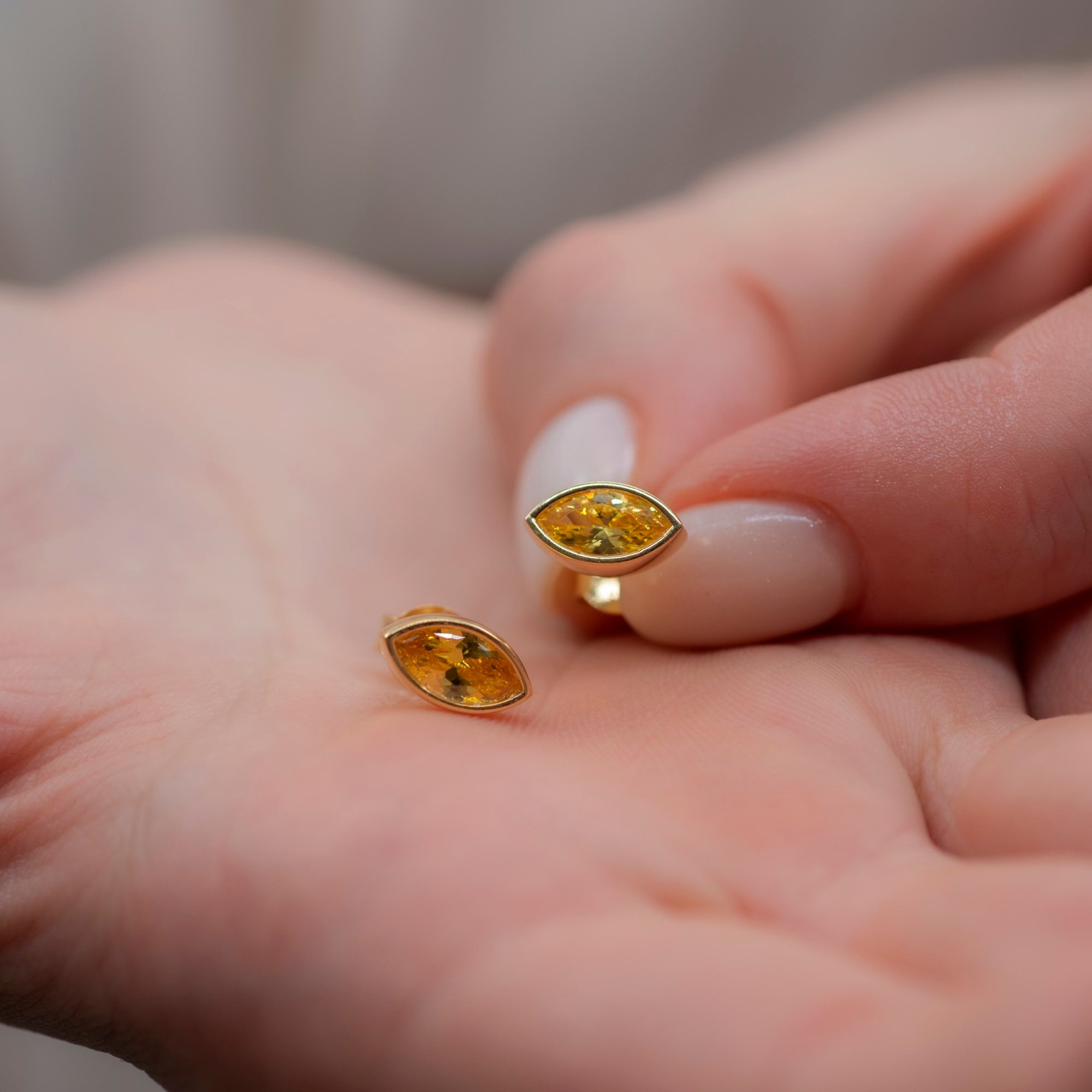 Yellow Topaz Stud Earrings Bezel Marquise Cut in 14K Solid Gold, Birthstone Jewelry Queen Jewelry Earrings